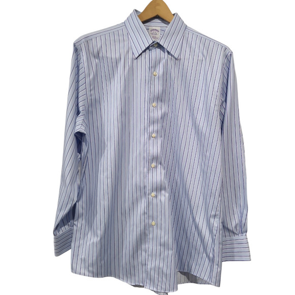 Brooks Brothers 16/33 Button Down Shirt Blue Double Stripe Slim Fit Non Iron - Picture 1 of 7